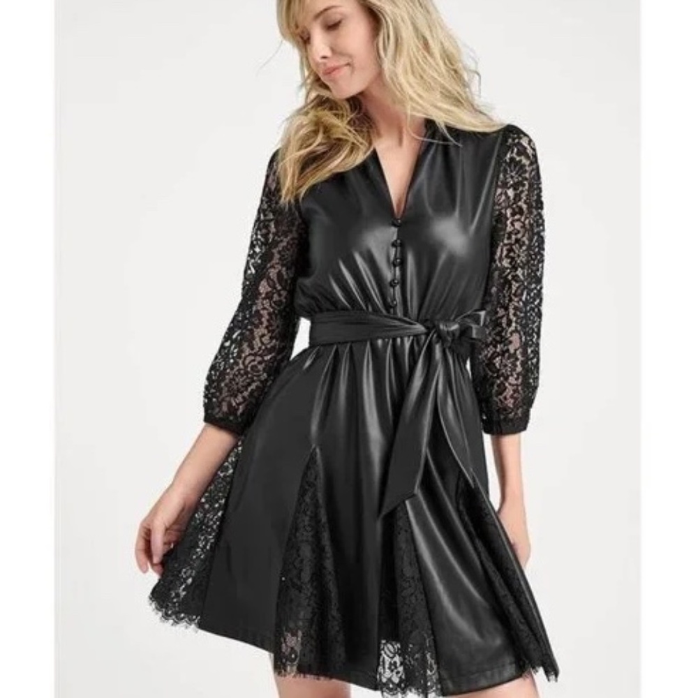 Leather Look Sexy LBD Venus Faux Leather Black Lace Mini Dress Size 10